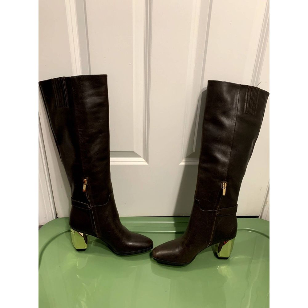 Franco Sarto Tiera High Brown Leather Boots Gold Faceted Heel Size 7 NWOT - Picture 4 of 8